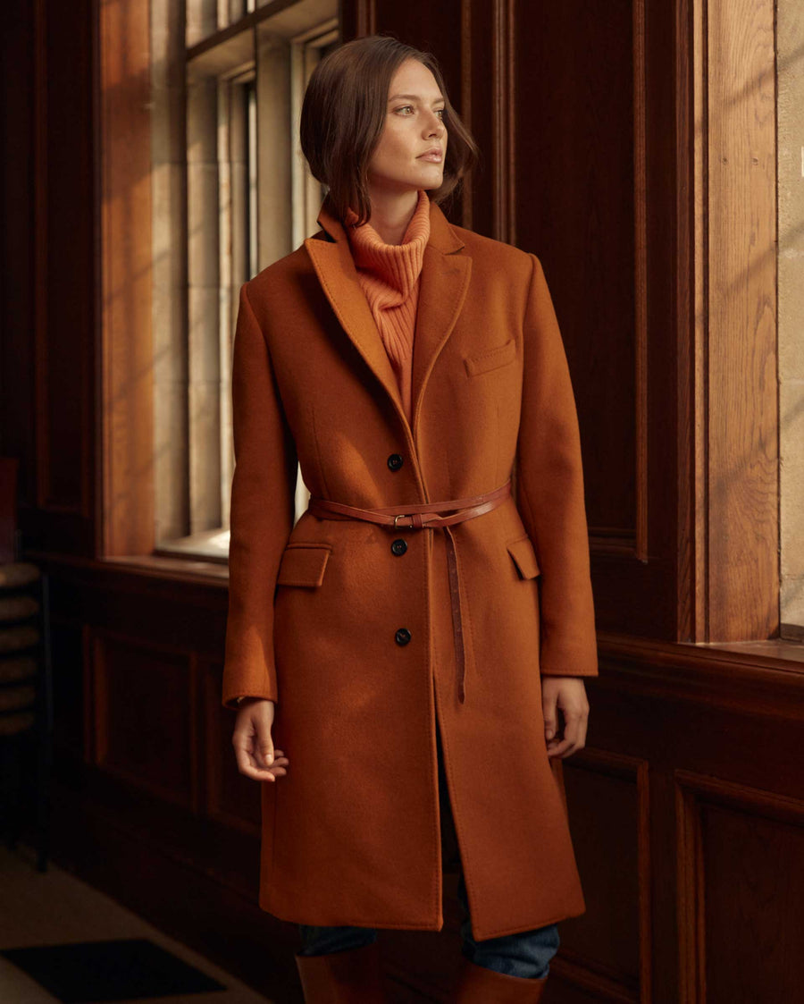 Female model wears the Peak Lapel Crombie in Gingerbread