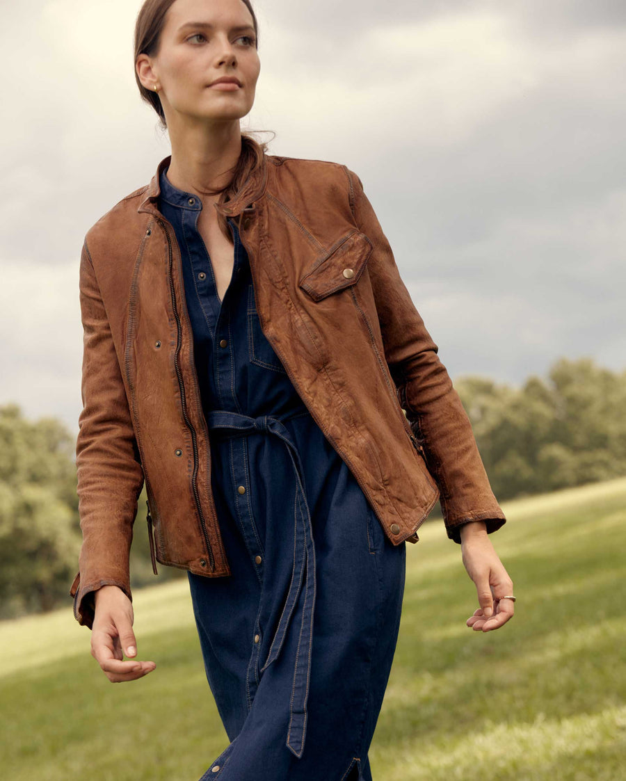 Female model wears the Biker Jacket in Brown