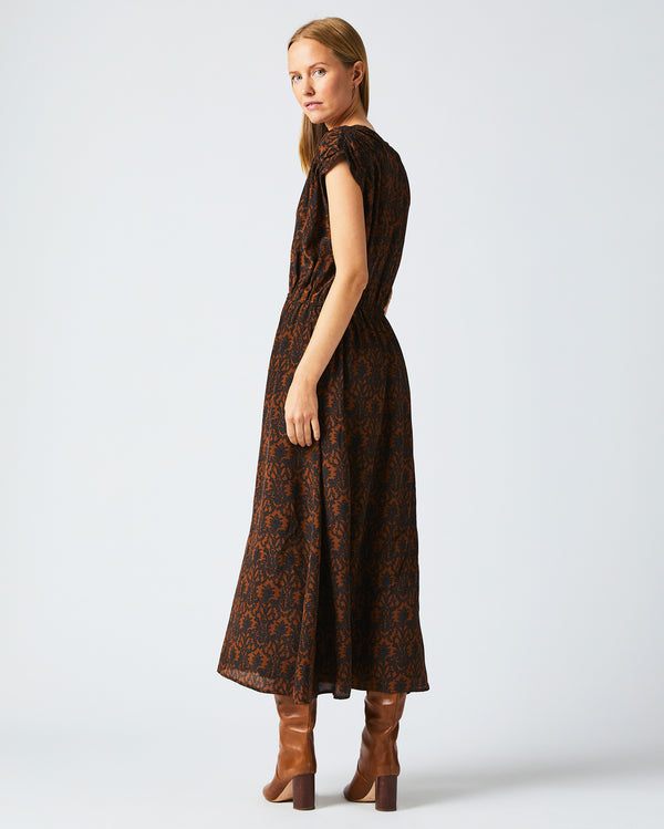 V Neck Maxi Dress in Navy/Brown worn by female model