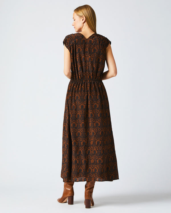 V Neck Maxi Dress in Navy/Brown worn by female model