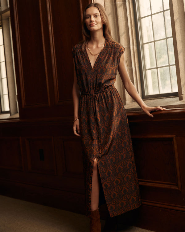 V Neck Maxi Dress in Navy/Brown worn by female model