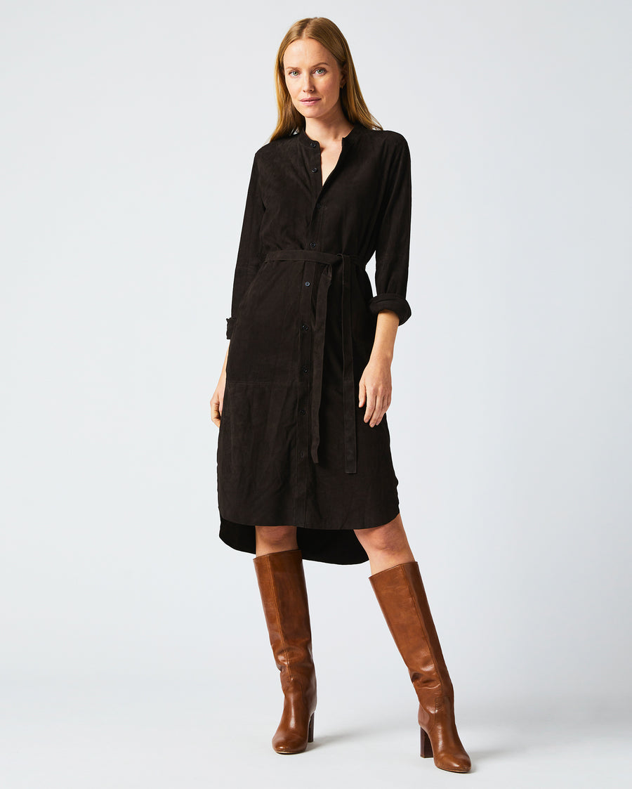 Suede Shirttail Dress in Chocolate worn by Female Model