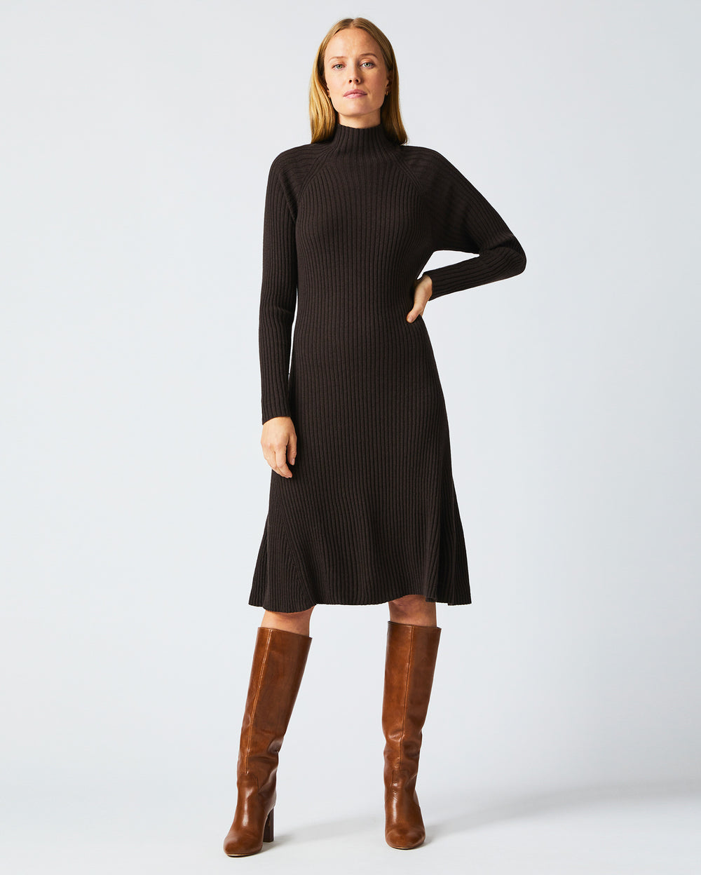 Turtleneck Sweater Dress in Coffee Bean worn by female model