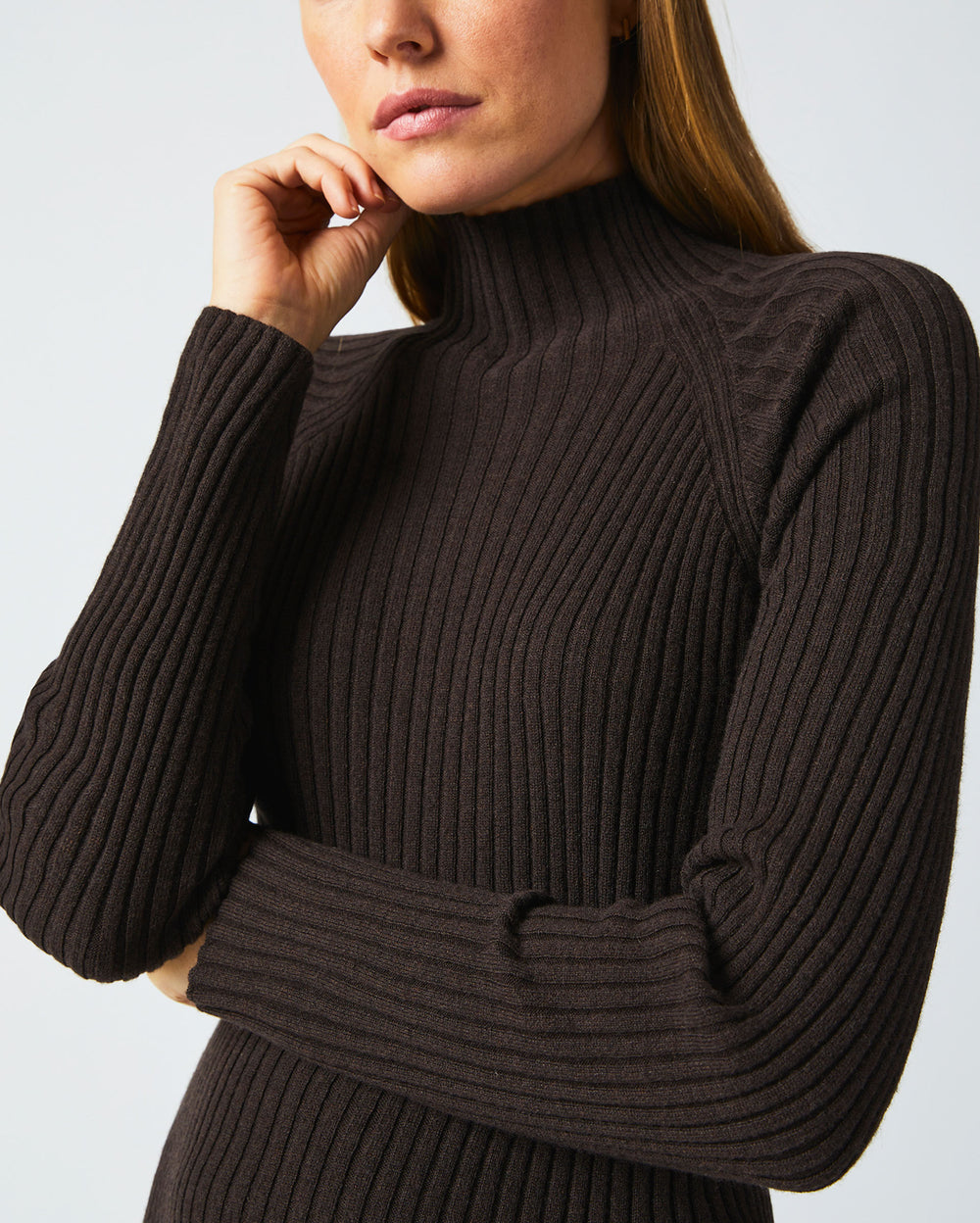 Turtleneck Sweater Dress in Coffee Bean worn by female model