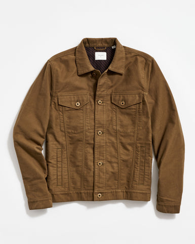 Male model wears the Billy Reid Moleskin Tupelo Trucker Jacket in Olive