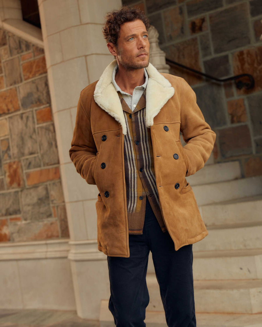 Male model wears the Shearling Bond Peacoat in Honey