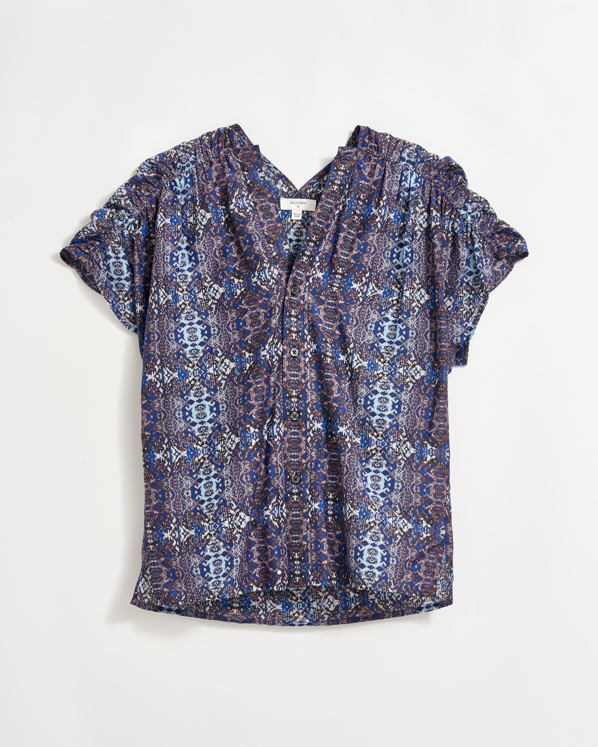 Indigo Ikat Printed Button-Front V-Neck Blouse | Billy Reid