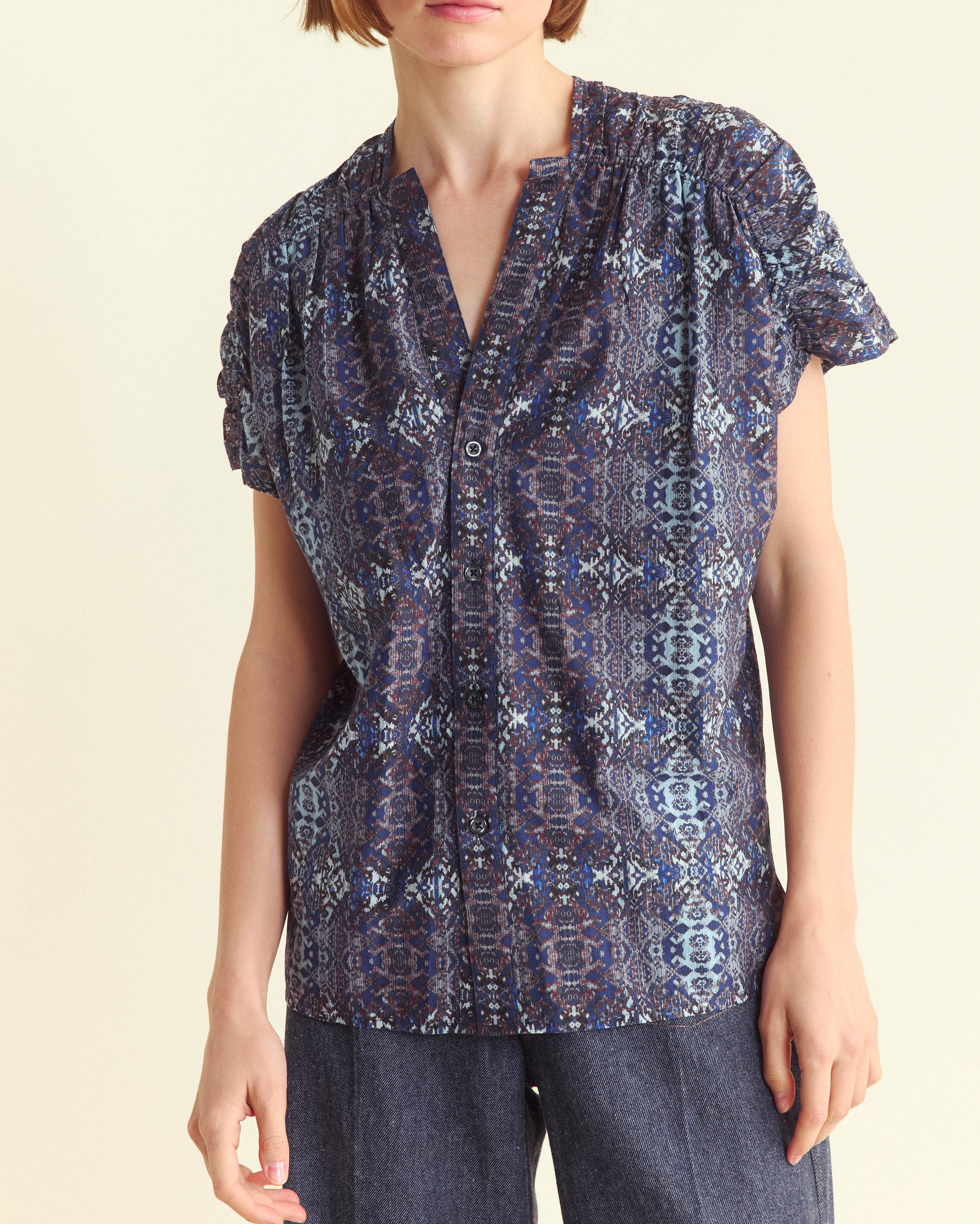 Indigo Ikat Printed Button-Front V-Neck Blouse | Billy Reid