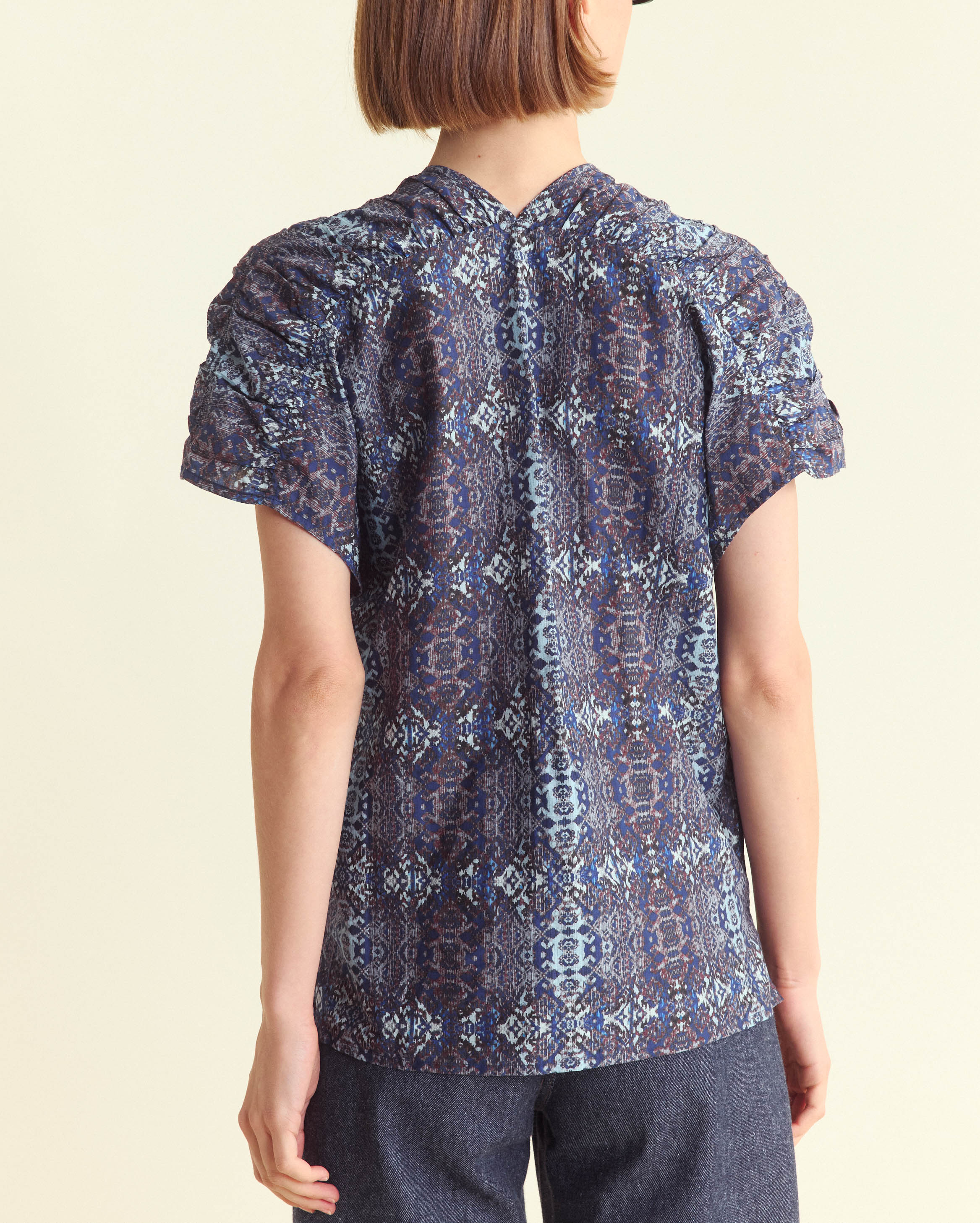 Indigo Ikat Printed Button-Front V-Neck Blouse | Billy Reid