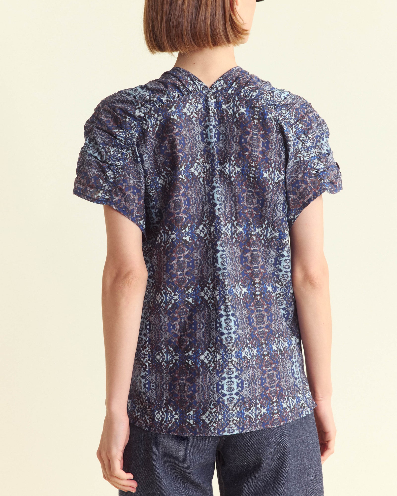 Printed Button Front Blouse Indigo