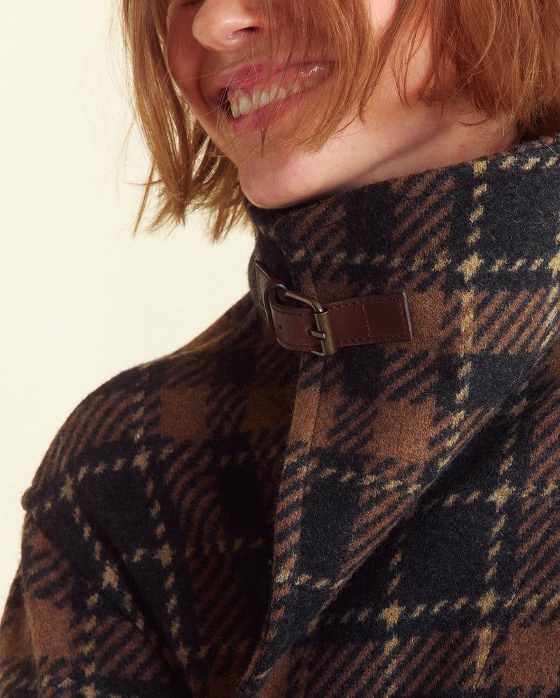 Buckle Neck Coat in Black/Brown