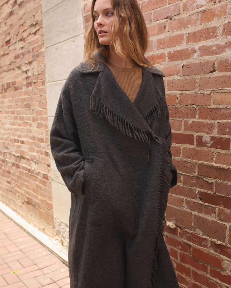 Long Blanket Fringe Coat in Charcoal
