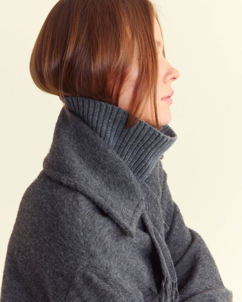 Long Blanket Fringe Coat in Charcoal