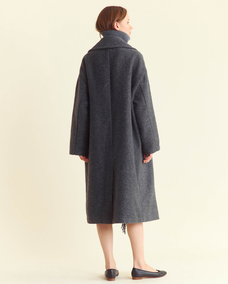 Long Blanket Fringe Coat in Charcoal