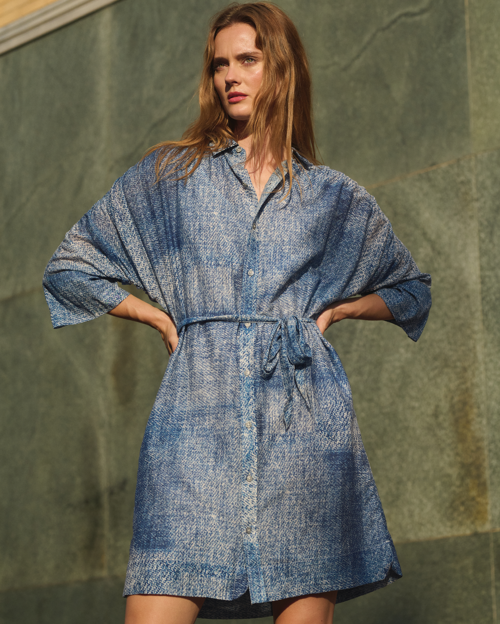Indigo Texture Shirred Shoulder Shirt Dress