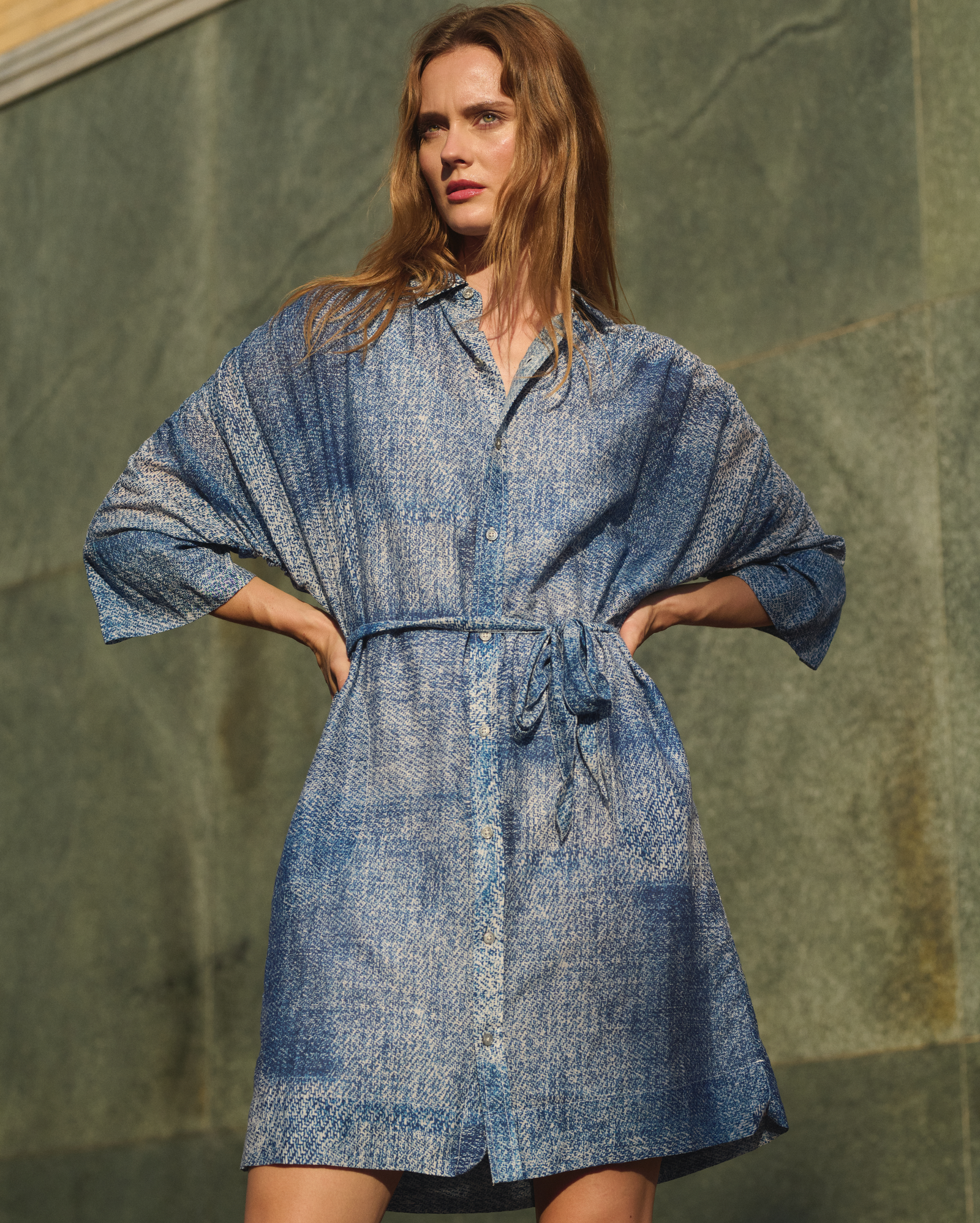 Indigo Texture Shirred Shoulder Shirt Dress