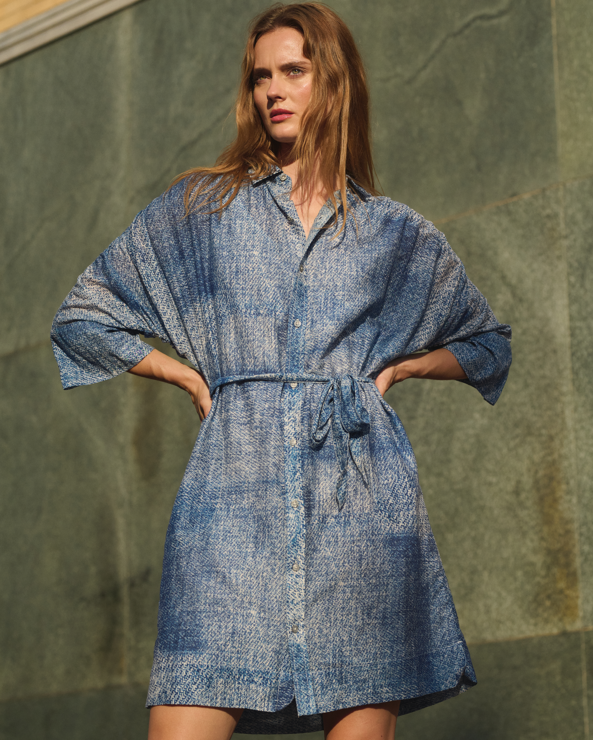 Indigo Texture Shirred Shoulder Shirt Dress