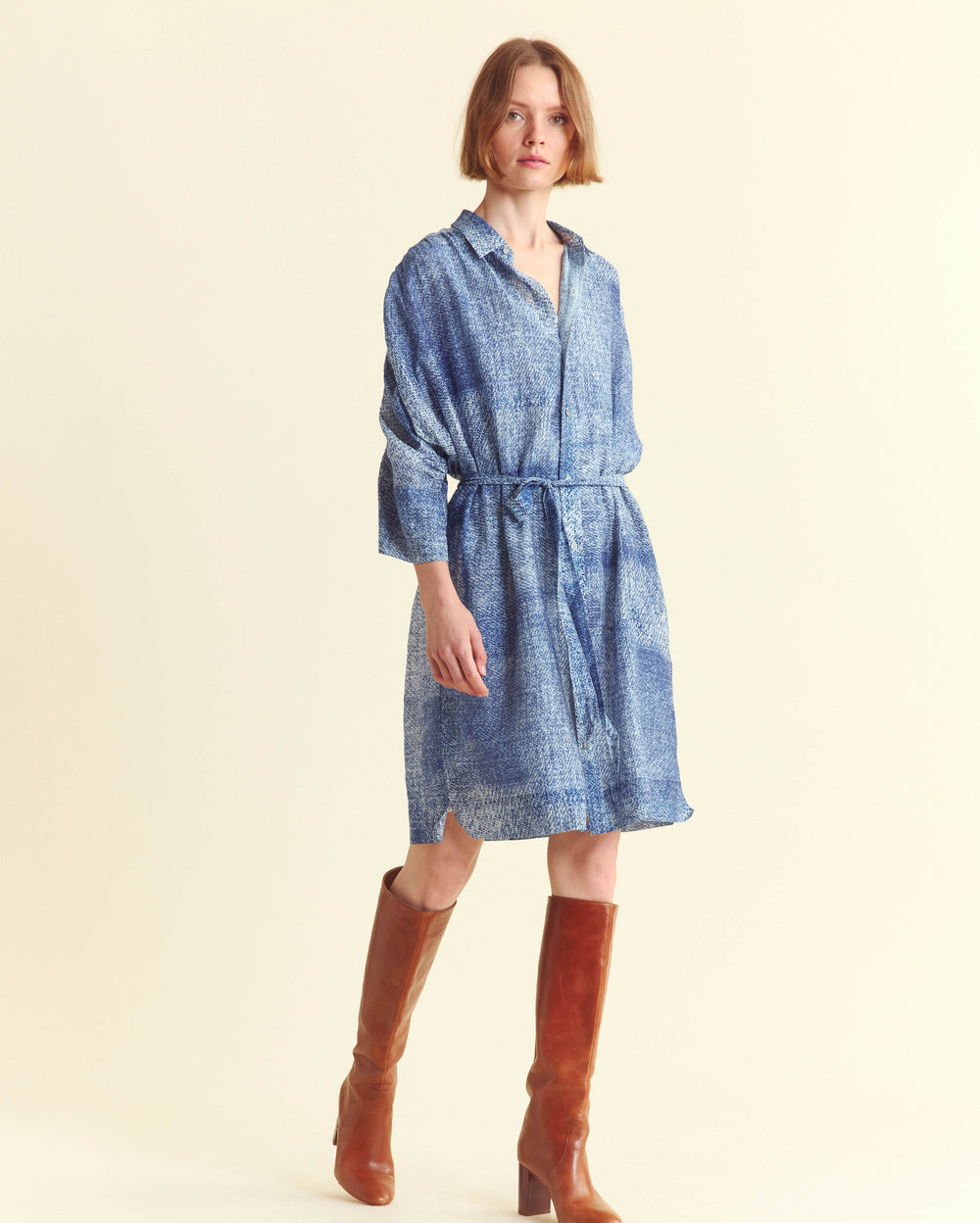 Indigo Texture Shirred Shoulder Shirt Dress
