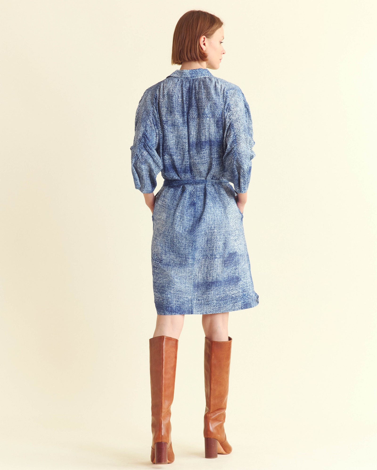 Indigo Texture Shirred Shoulder Shirt Dress
