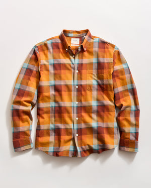 Bold Plaid Tuscumbia Shirt in a multi-color plaid of orange, yellow, and light blue.