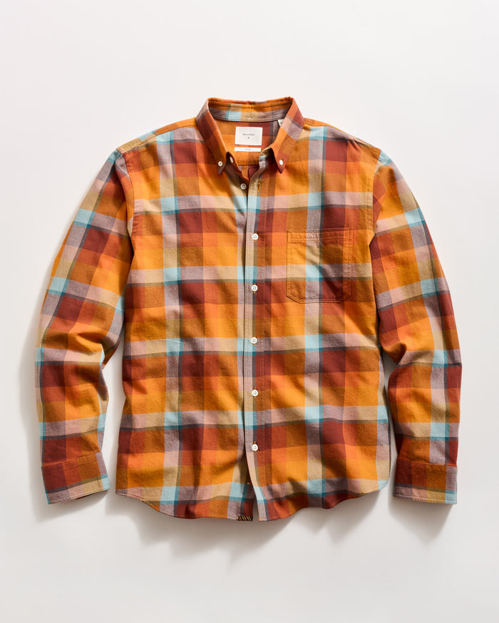 Bold Plaid Tuscumbia Shirt in a multi-color plaid of orange, yellow, and light blue.