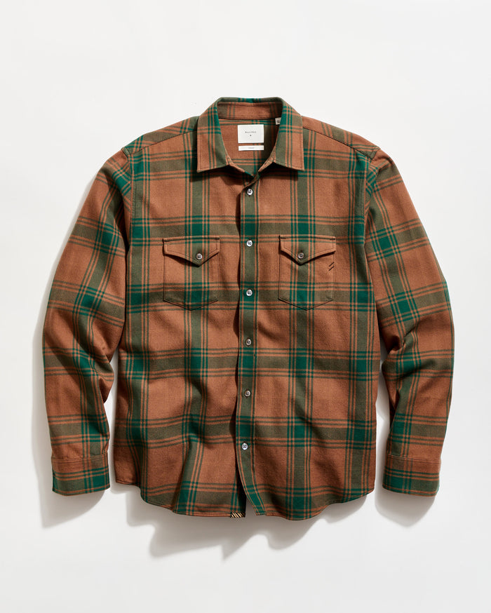 Billy Reid Large Scale Plaid Western Shirt, Billy's Brown/dark Forest Billy Reid Large Scale Plaid Western Shirt, Billy's Brown/dark Forest