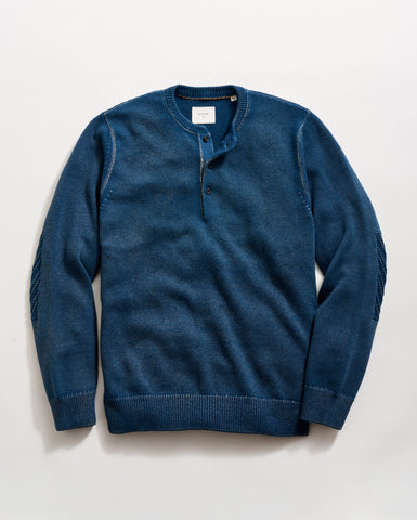Garment-dyed henley sweater in tide blue