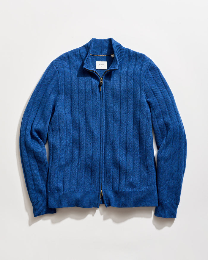 Merino Wool Rib Full Zip Cardigan in Tide Blue Heather
