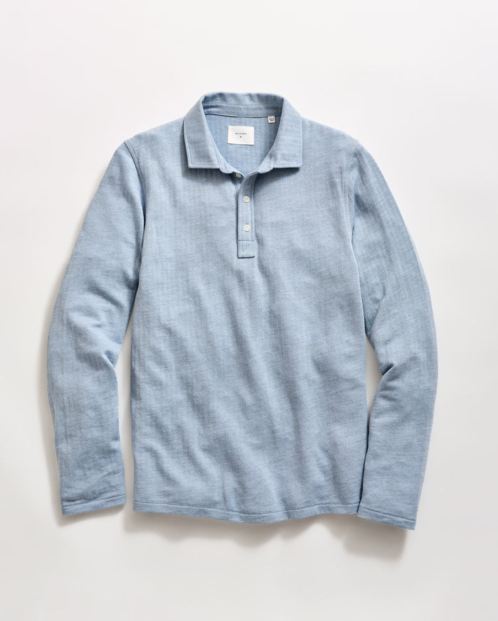 Long Sleeve Herringbone Polo in Blue Fog