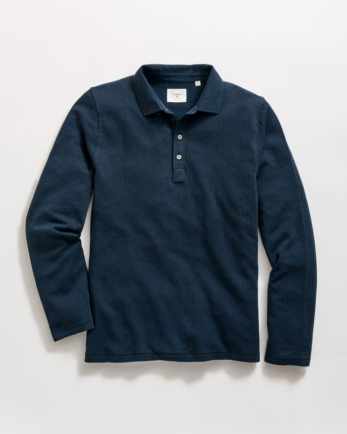 Long Sleeve Herringbone Polo in Carbon Blue