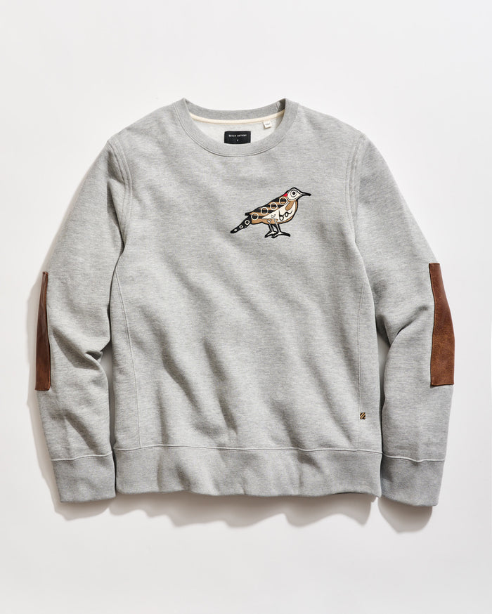 Dover Sweatshirt Collab with artist Butch Anthony. His custom yellowhammer art has been transformed into a chain stitched patch at the left chest.
