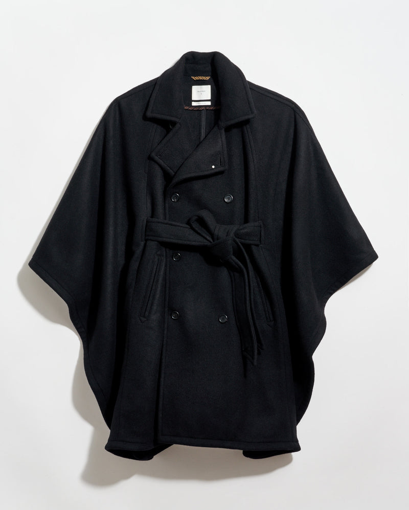 Black cape-style coat on a white background