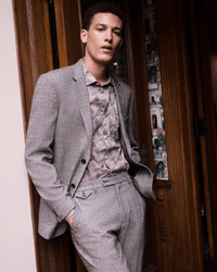 Model wears the Wool Silk Walton Jacket in Brown/Multi