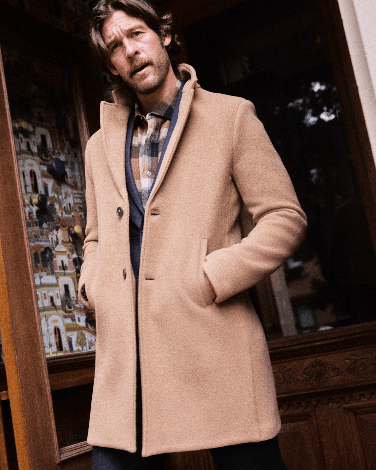 Model wears the Virgin Wool Jordan Coat in Camel