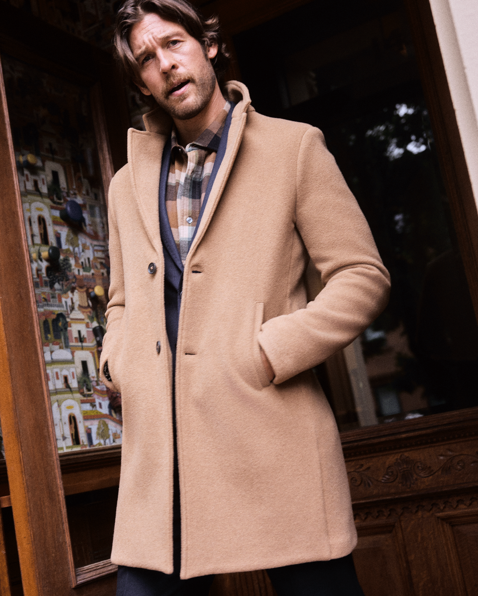 Model wears the Virgin Wool Jordan Coat in Camel