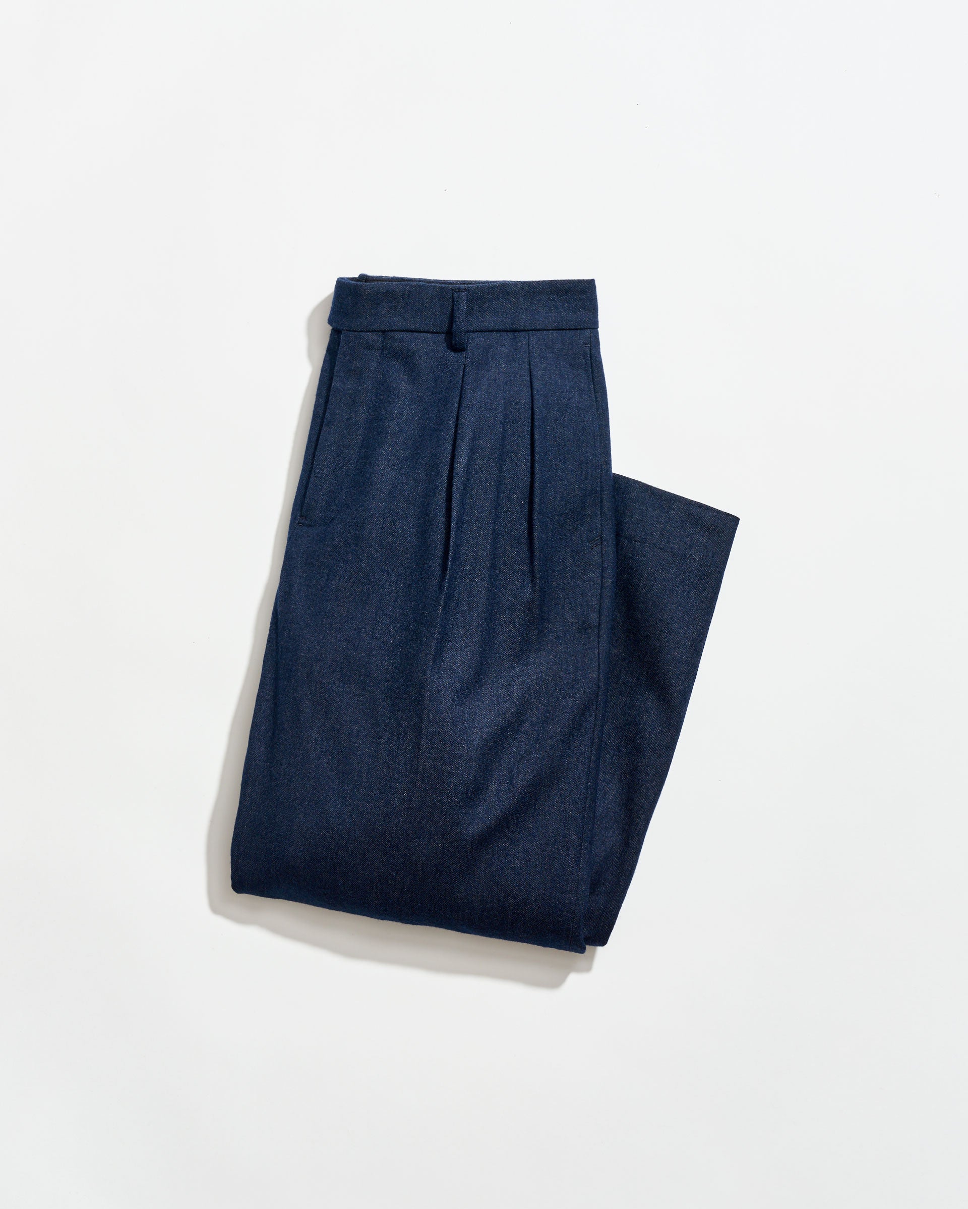 Pair of blue pleated pants on a white background