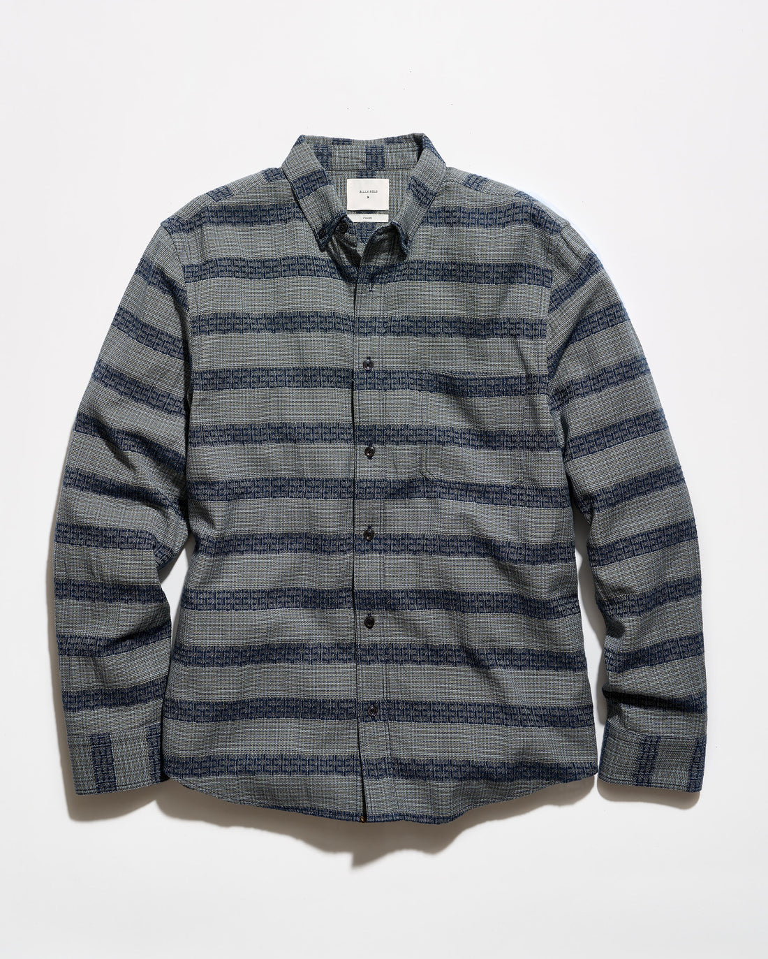 A long-sleeve button-up shirt with a textured gray and navy blue horizontal stripe pattern, laid flat against a white background.