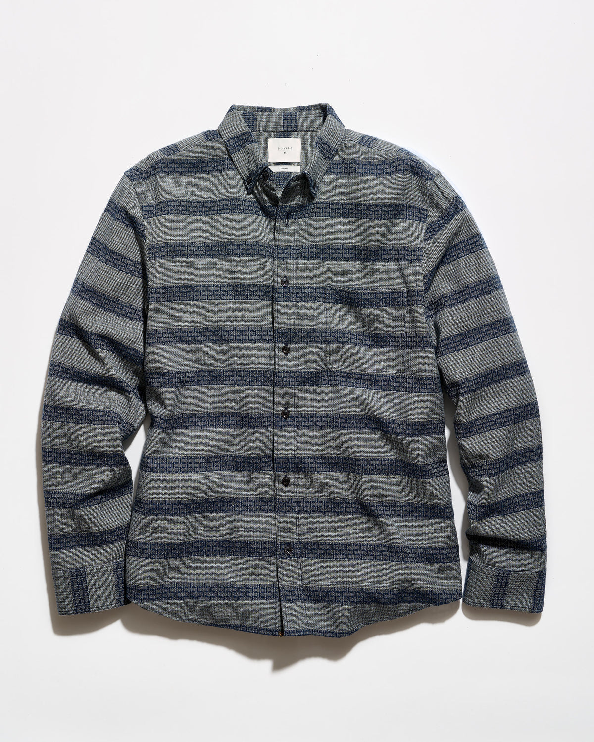 A long-sleeve button-up shirt with a textured gray and navy blue horizontal stripe pattern, laid flat against a white background.