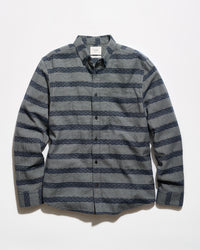 A long-sleeve button-up shirt with a textured gray and navy blue horizontal stripe pattern, laid flat against a white background.