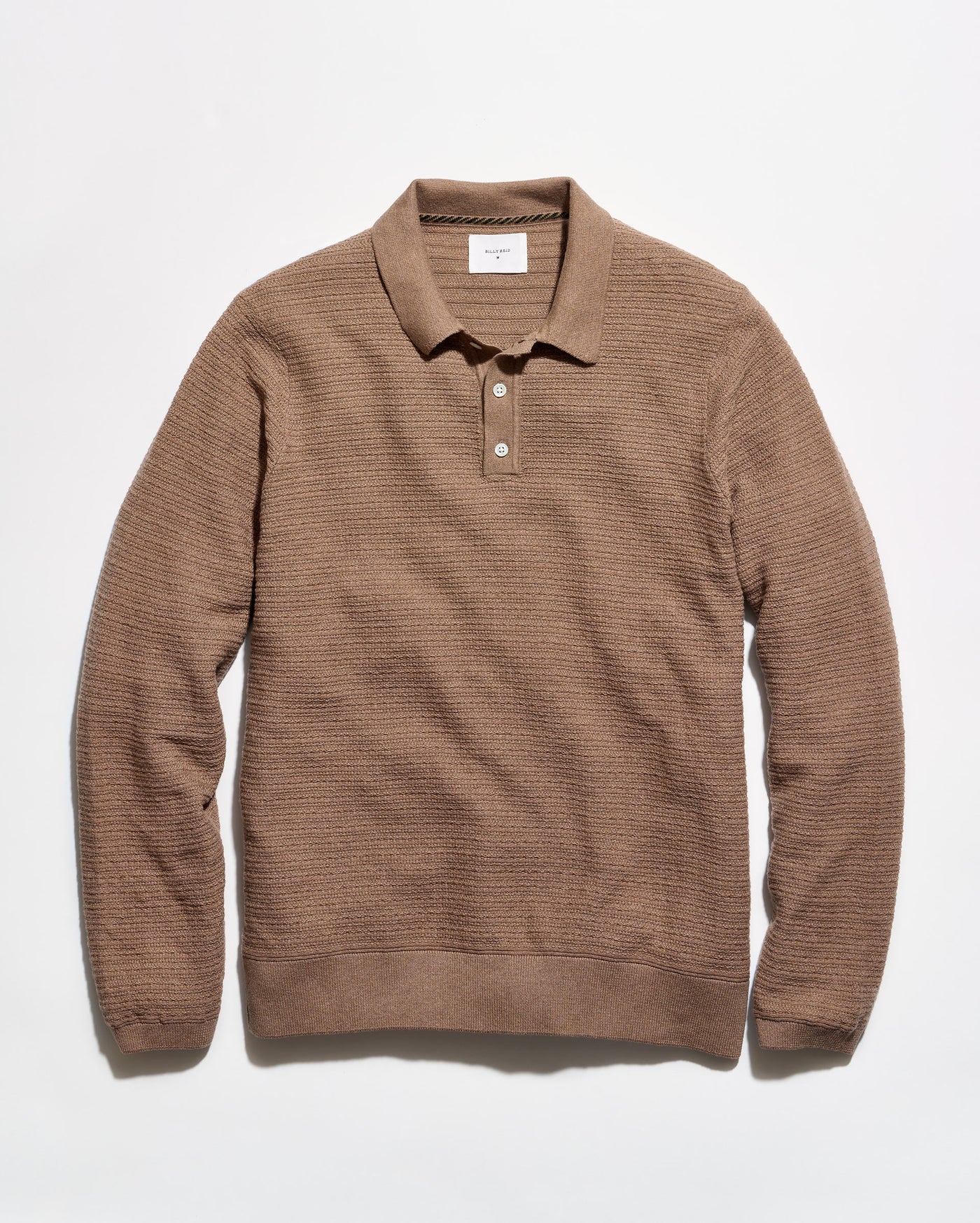 A brown textured knit polo sweater with a collar and two-button placket, laid flat against a clean white background.