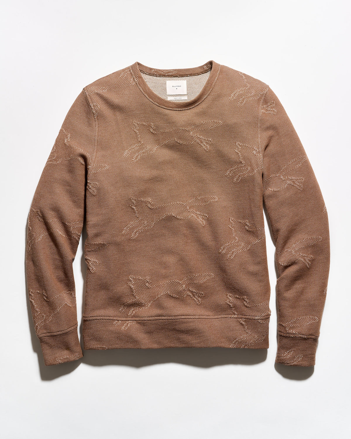 A brown crewneck sweatshirt with a textured, distressed knit fox pattern, laid flat against a white background.