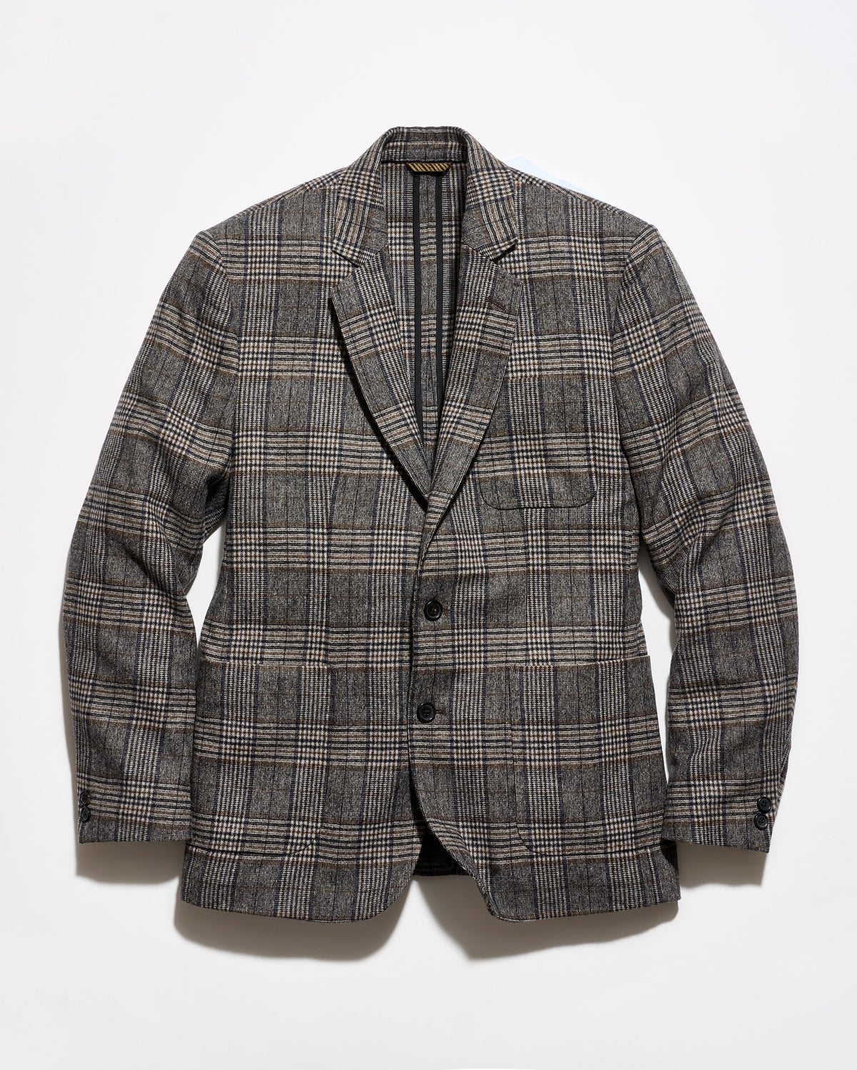 A men's single-breasted plaid blazer jacket in a gray, brown, and beige check pattern, displayed flat against a white background.