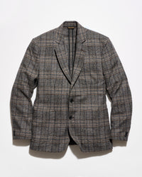 A men's single-breasted plaid blazer jacket in a gray, brown, and beige check pattern, displayed flat against a white background.