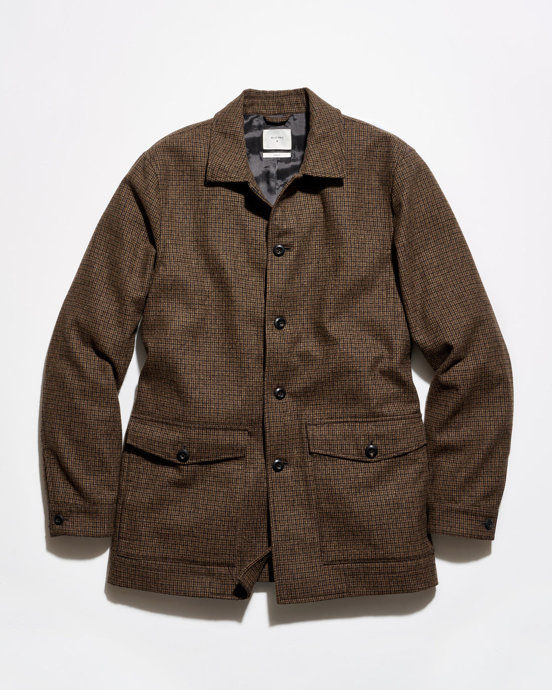 A brown textured tweed jacket with a button-up front, collar, and two front flap pockets, laid flat against a white background.