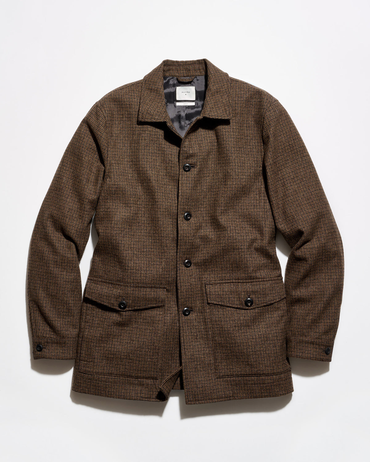 A brown textured tweed jacket with a button-up front, collar, and two front flap pockets, laid flat against a white background.