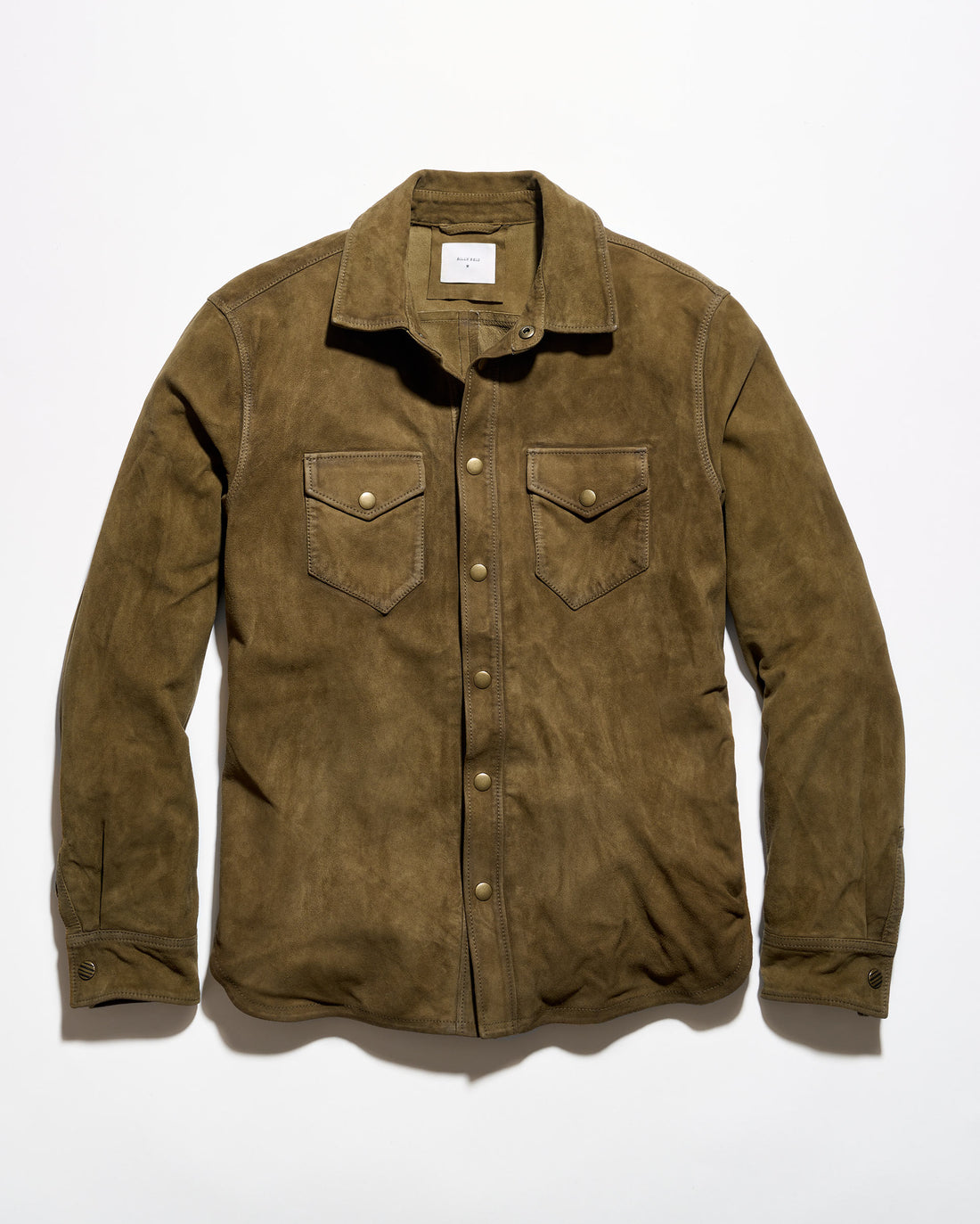 An olive suede button-up shirt jacket with two chest flap pockets, displayed flat against a white background.