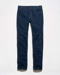 A pair of dark blue denim jeans laid flat against a clean white background.