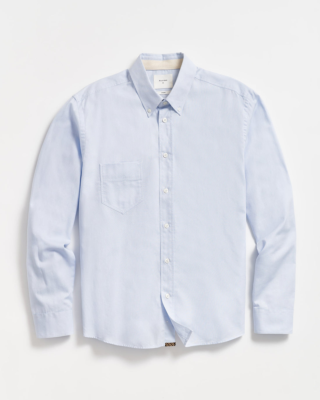 A light blue, long-sleeve button-down shirt with a single chest pocket, buttoned collar, and white buttons, laid flat on a white background.