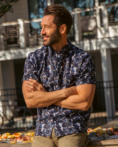 Male Model wears the Short Sleeve Tuscumbia Shirt in Dark Oyster