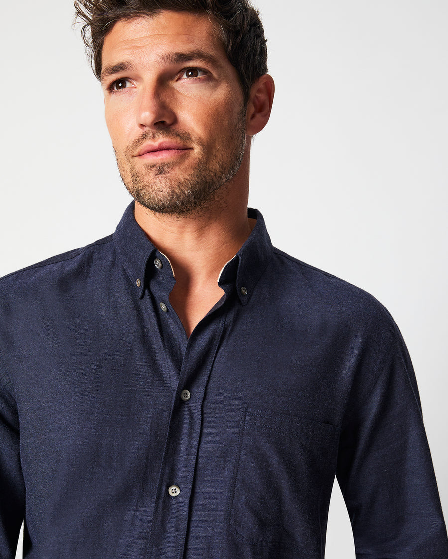 Male model wears the Tuscumbia Classic Shirt in Navy